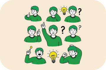 Colorful Cartoon Character Illustrating Thinking, Ideas, and Gestures for Creative Problem-Solving and Communication