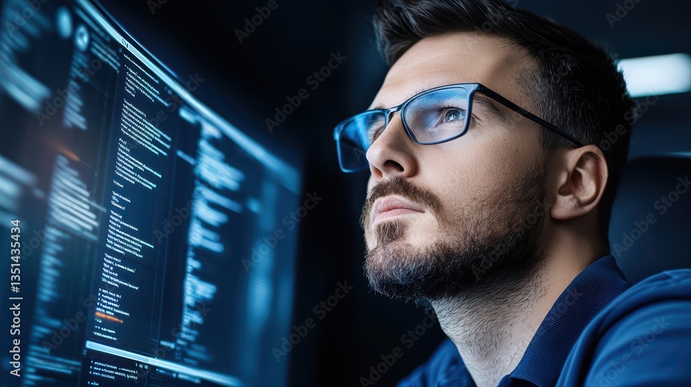 Poster focused programmer engaged in software development