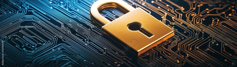Poster golden lock on circuit board with digital patterns