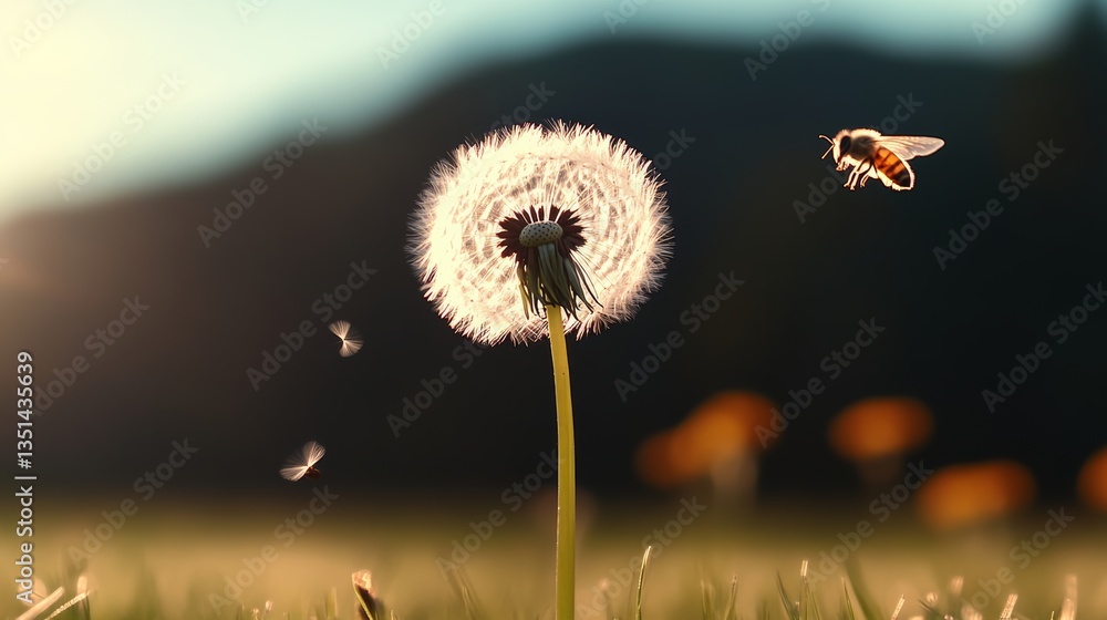 Poster dandelion is in the foreground of a field with a bee flying above it. the scene is peaceful and sere