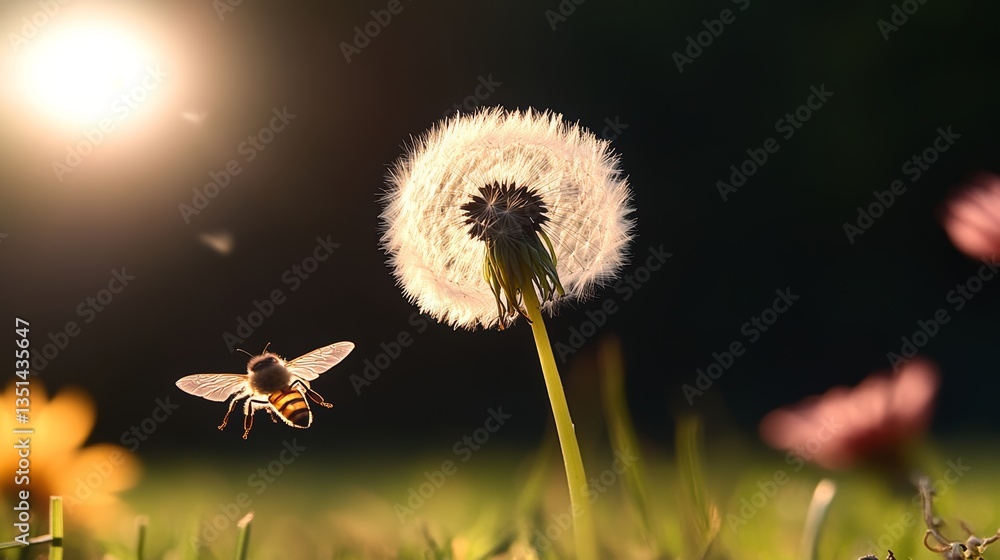 Poster bee flies over a dandelion in a field. concept of freedom and simplicity, as the bee and the dandeli