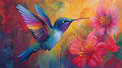 Colorful Hummingbird in Flight with vibrant wings and floral background painted on canvas