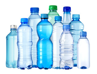 Different plastic water bottles forming a composition on white background