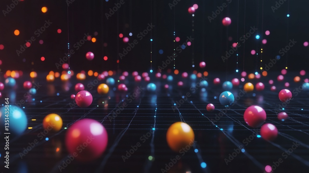 Poster abstract digital art with colorful spheres hanging from a grid in a dark space