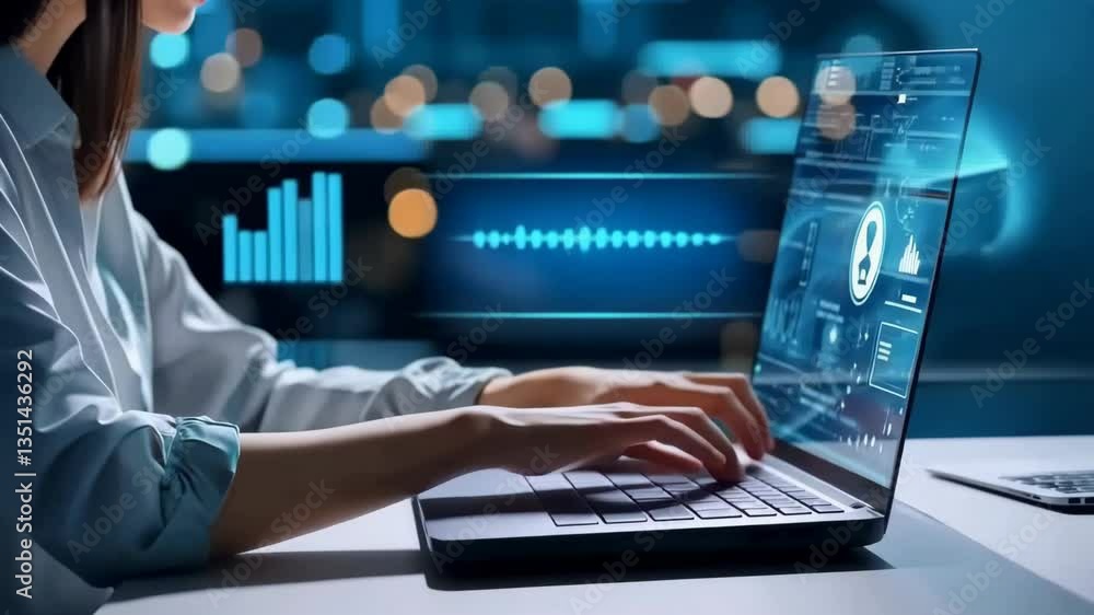 Poster The image shows a closeup of someone using a laptop in a modern workspace, focusing on visual data analytics, user interface designs, and digital communication, blending technology and creativity