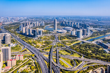 Aerial view  skyline of the overpass in Zhengdong New District, Zhengzhou, Henan Province, China