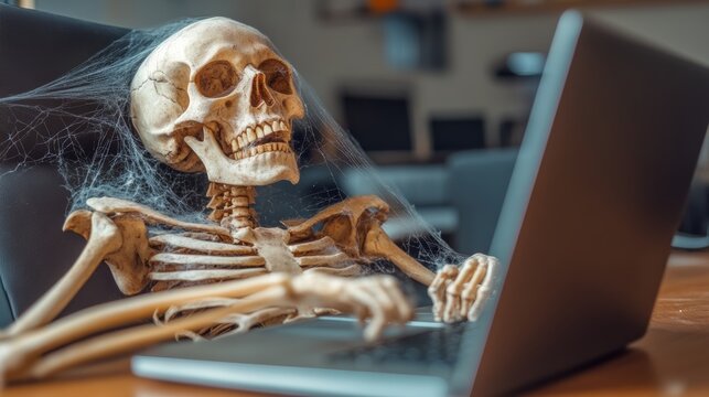 Skeleton is sitting at a computer and using a laptop. The skeleton is wearing a spider web and he is typing on the laptop. The scene is eerie and unsettling