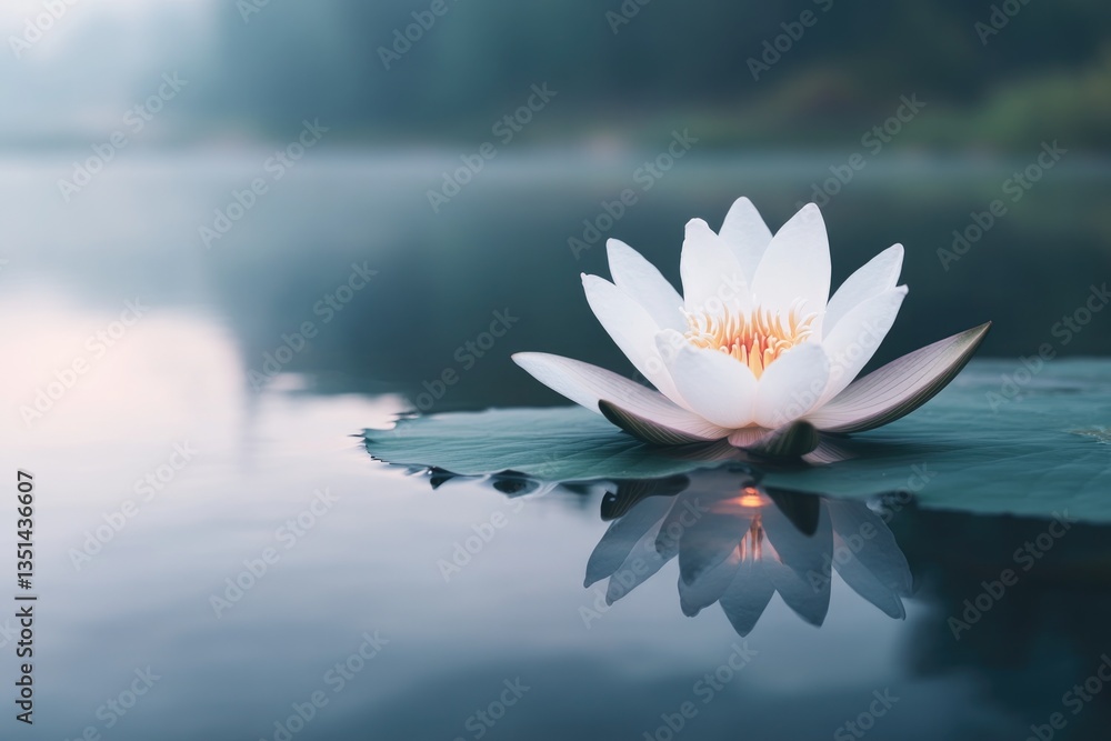 Poster close-up of single lotus flower softly glowing in twilight symbolizing purity and enlightenment with