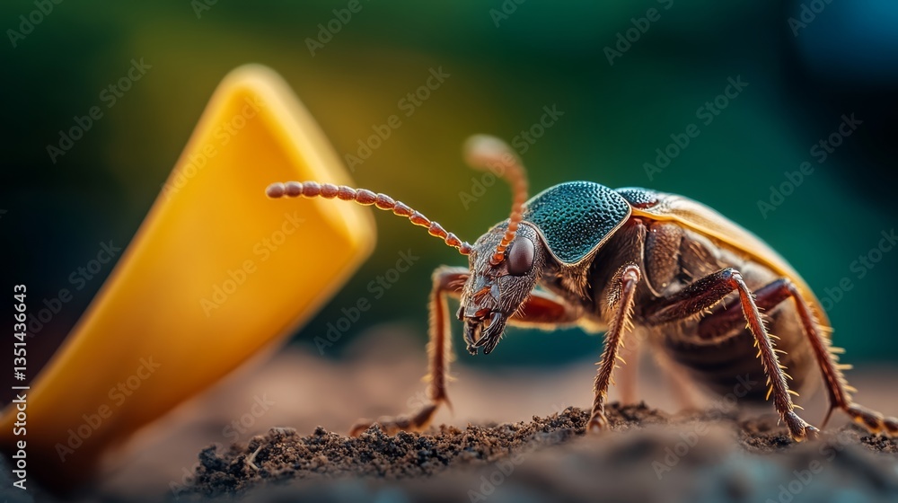 Poster bug is standing on the ground next to a yellow object. the bug is brown and green in color