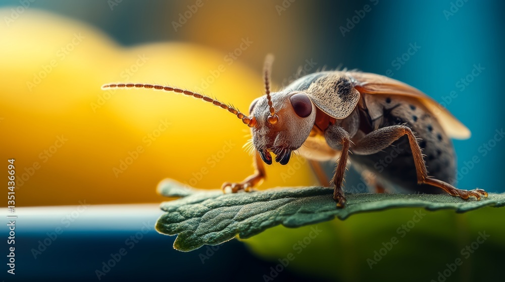 Poster bug is on a leaf and it is looking at the camera. the bug is brown and black in color