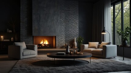 Dark, modern living room with fireplace