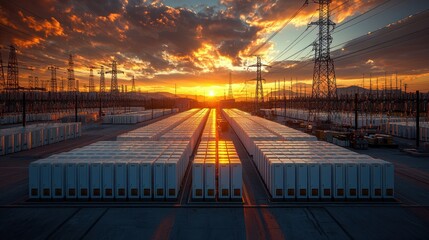 Sunset over a large-scale energy storage facility with numerous battery units