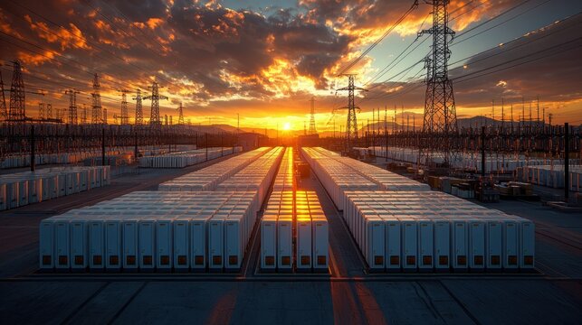 Sunset over a large-scale energy storage facility with numerous battery units