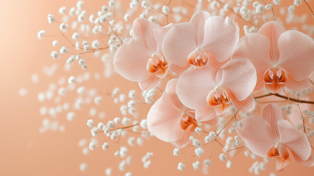 A minimalist wreath of orchids and baby’s breath on a soft peach background with delicate petals and an airy composition, creating a light and elegant atmosphere.