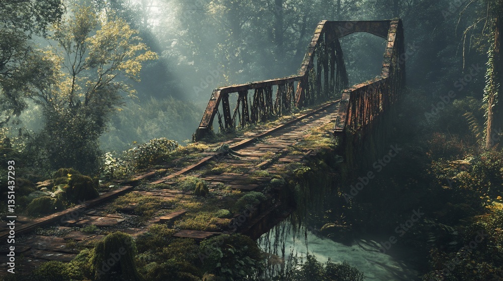 Aufkleber an old rusted bridge covered with moss and plants in a dense forest with soft sunlight filtering thr