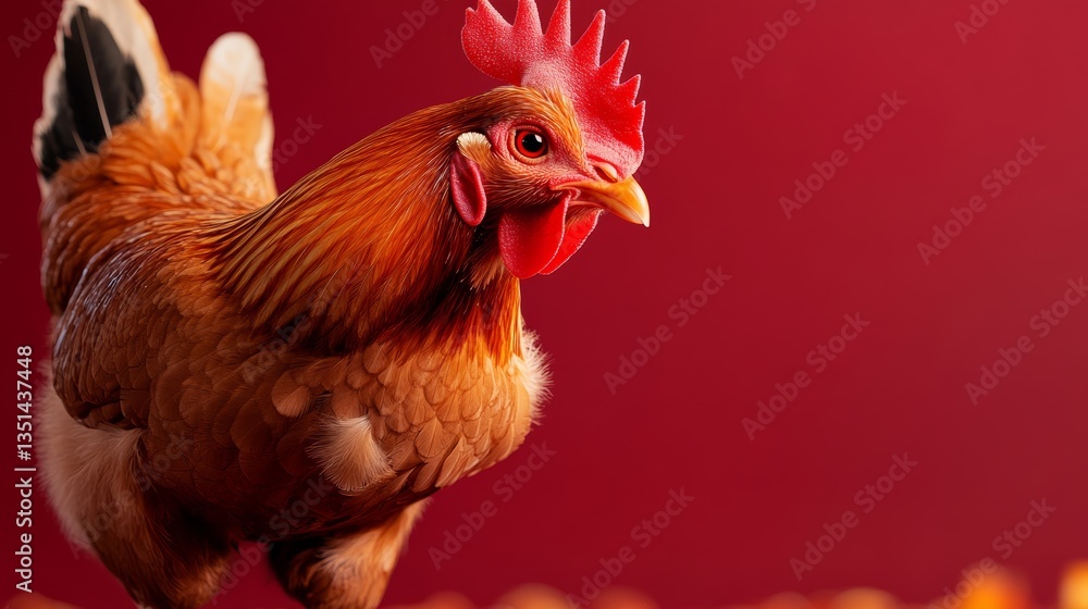 Poster chicken is standing on a red surface with a few oranges around it. the chicken is brown and has a re