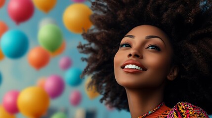 Fototapeta premium Woman with curly hair is smiling at the camera in front of a colorful background of balloons. The balloons are in various colors, including red, yellow, and blue. Scene is cheerful and festive