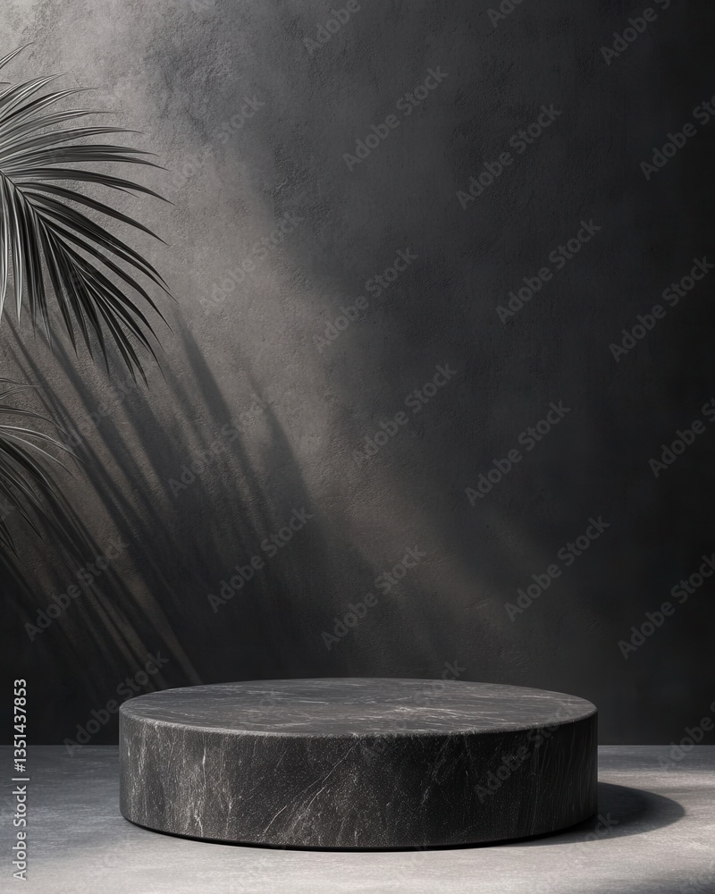 Poster monochrome product display platform. marble round block in dark room with leaf shadows on wall