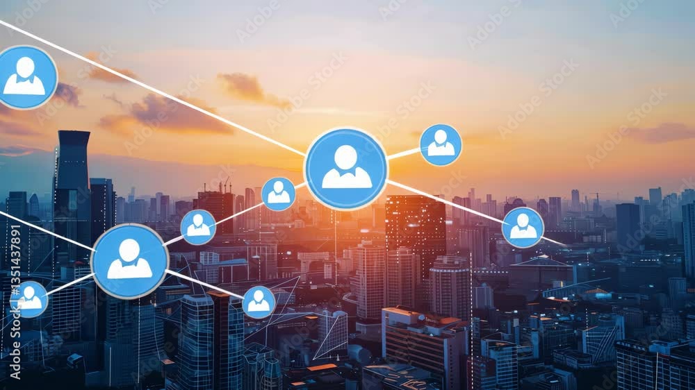 Poster The aerial view of a vibrant cityscape showcases interconnected digital profiles, symbolizing the importance of networking and collaboration in todays techdriven industries reliant on advancements