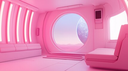 Fototapeta premium Futuristic Pink Room with Planetary View Through Window