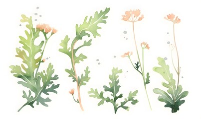 pastel green seaweed illustrations, for kids, watercolor, Generative AI