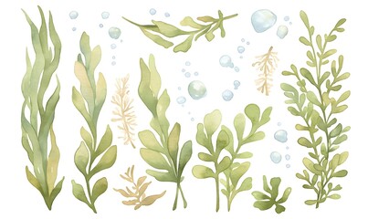 pastel green seaweed illustrations, for kids, watercolor, Generative AI