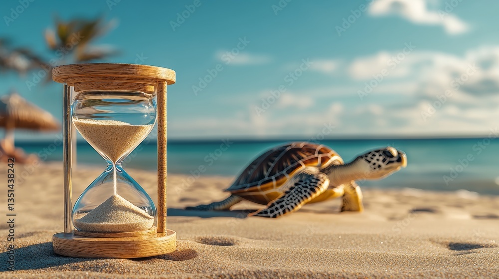 Poster turtle is laying on the beach next to a sand timer. the scene is peaceful and serene, with the turtl