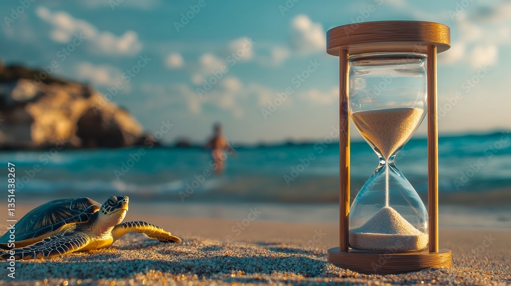 Poster turtle is laying on the beach next to a sand timer. the sand timer is set to zero