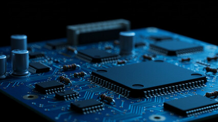 A close-up shot of a vibrant blue electronic circuit board, filled with multiple electrical components, isolated on a black background, emphasizing selective focus
