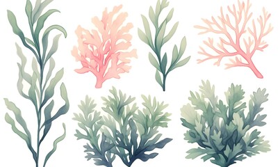 pastel green seaweed illustrations, for kids, watercolor, Generative AI