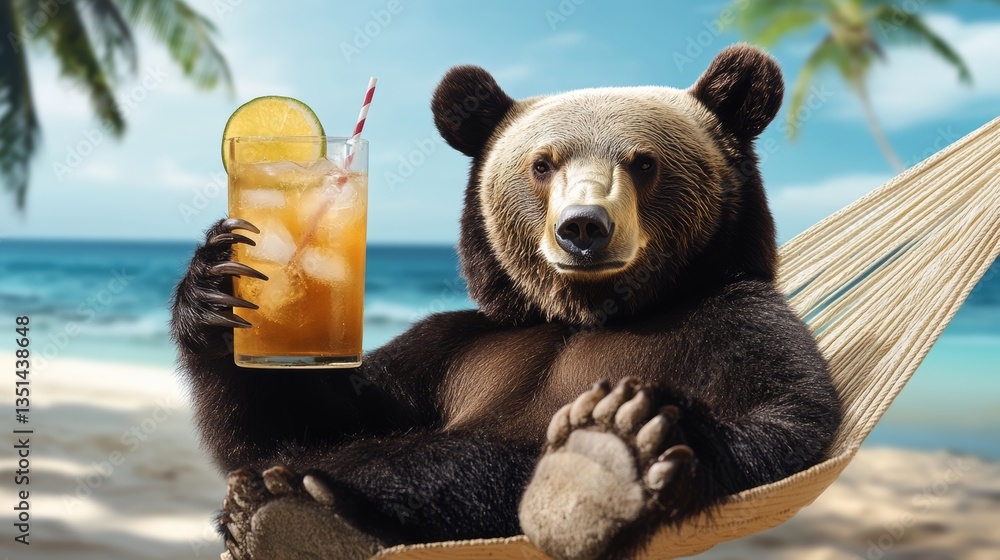 Poster bear is relaxing on a hammock with a glass of juice in its paw. the scene is set on a beach, with th