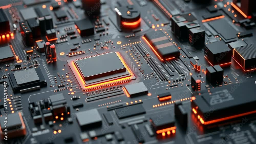Poster close-up view of a modern circuit board showcasing advanced technology and intricate designs illumin