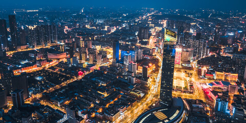 Night aerial View of Henglong and People's Square in Shenyang City, Liaoning Province, China