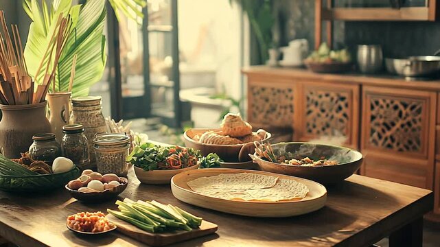 Rustic Table Display of Healthy Cuisine in Boho Chic Kitchen Ambience Setting