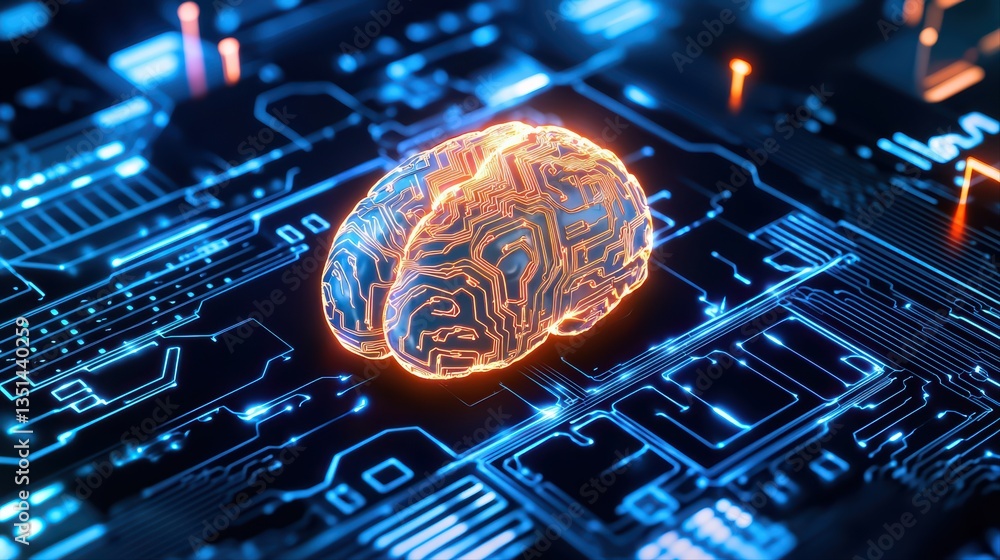Poster futuristic brain design with digital circuit background