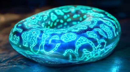 A bioengineered microorganism with glowing patterns, designed for medical research 
