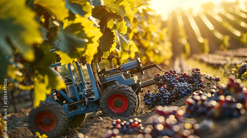 Poster automated grape harvester working in a vineyard, collecting grapes efficiently