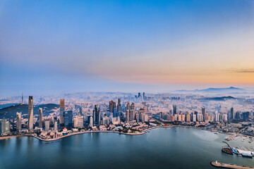 Fototapeta premium Aerial view of the Olympic Sailing Center at May Fourth Square, Fushan Bay, Qingdao, Shandong, China