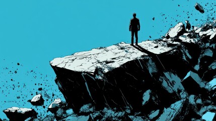 The precipice of change: A man stands on the edge of a collapsing cliff, symbolizing uncertainty and the courage to face the unknown.