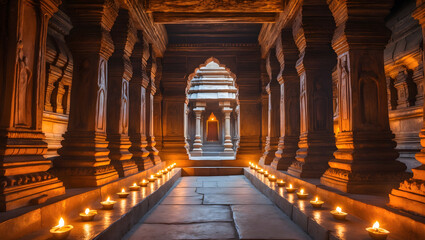 Meenakshi Amman Temple’s sanctum glows with thousands of oil lamps, casting golden light on intricately carved stone walls. Flickering flames create a mystical interplay of light in watercolour