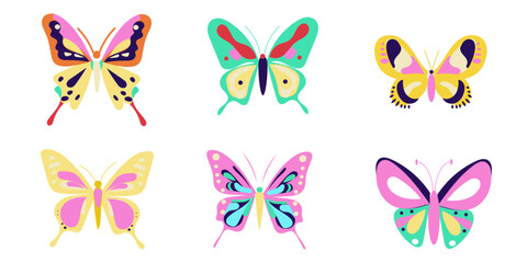 Obraz premium Trendy groovy butterfly set isolated, bright color, for stickers, element design