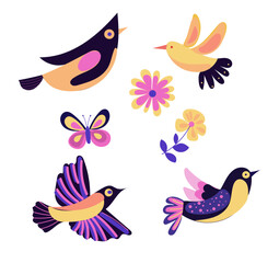 Set of groovy flying birds, y2k style, butterfly, flower, retro modern flat vector style