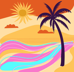 Groovy style illustration summer beach sunshine and palm, bright hippie style flat vector for posters