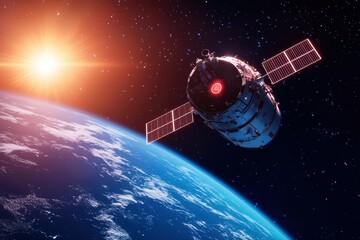 Satellite Orbiting Earth with Sun Rays in Background