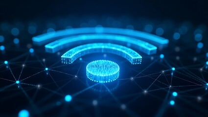 Glowing blue Wi-Fi symbol, futuristic network connections, neon lights, abstract technology concept,