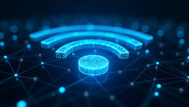 Glowing blue Wi-Fi symbol, futuristic network connections, neon lights, abstract technology concept,