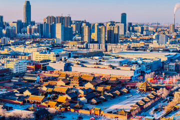Aerial Dusk View of Shenyang Imperial Palace and city skyline in Shenyang, Liaoning Province, China