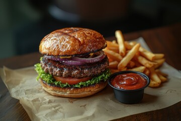Juicy burger with fresh vegetables and crispy fries served at a casual dining spot during lunchtime