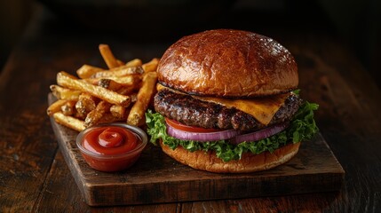 Juicy cheeseburger served with golden fries and a side of ketchup on a rustic wooden table