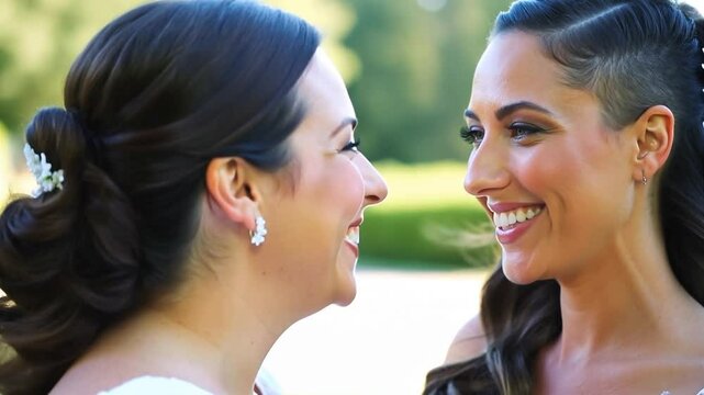 A smiling lesbian couple dressed in wedding attire giving each other a kiss outdoors.